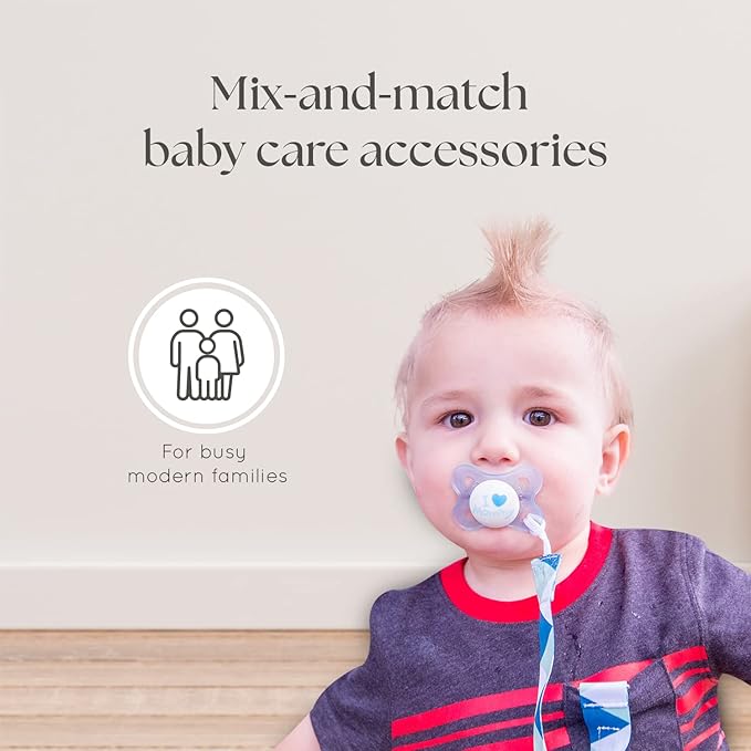 Dodo Babies Pacifier Clip Set - Universal Holder & Pacifier Holder - Detachable Binky Case & Binky Clip - Durable Polyester Straps - 5-Piece Set, Blue/White/Grey Geo Prints