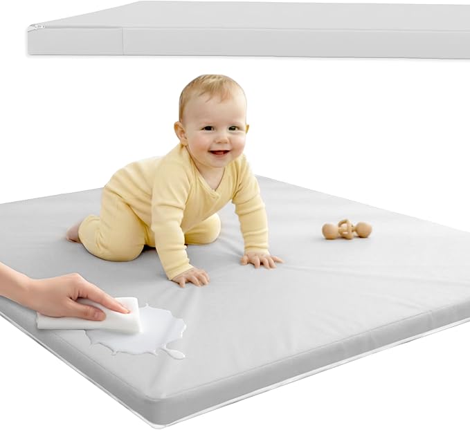 Sleepah Vegan Leather Baby Play Mat, 50x50 Thicken Foam Cushioned & Waterproof Playpen Mat for Infants and Toddlers, Stylish and Just Wipe-Clean Playmat for Baby Play on Floor Grey