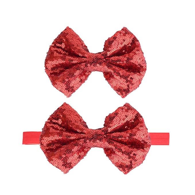 Baby Christmas Sequins Headband Bow Red Green Glitter Sequins Bow Christmas Hair Band Bow BHC03 (Red Set)