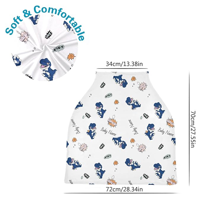 Personalized Cartoon Dinosaur Car Seat Covers with Name, Custom Nursing Cover Breastfeeding Scarf Soft Breathable Stretchy Coverage, Infant Stroller Cover for Boys Girls