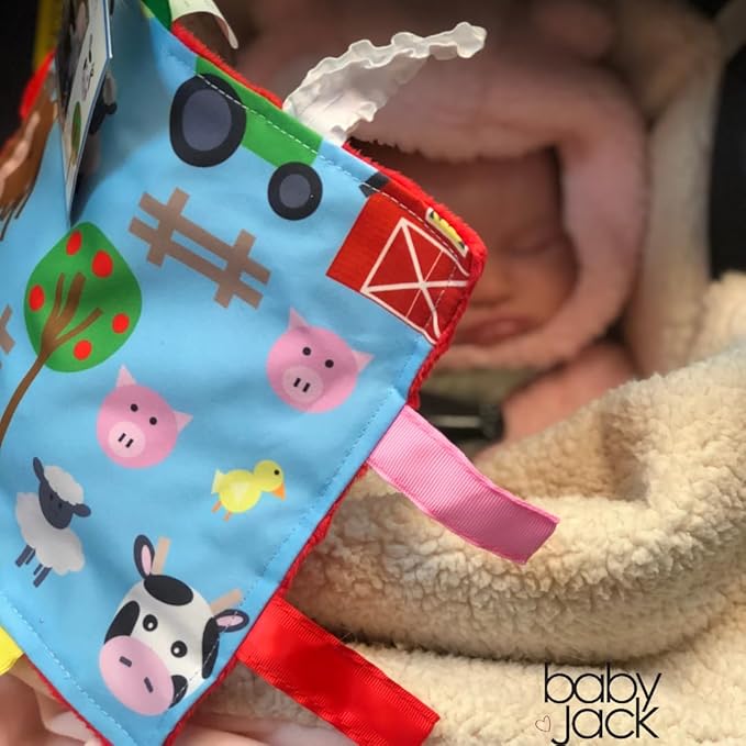 Baby Sensory Farm Animal Crinkle Tag Toy for Developing 5 Senses - Learning Shapes and Colors - Tummy Time - Travel Stroller Keepsake with BPA Free Clip for On The Go 8" x 8"