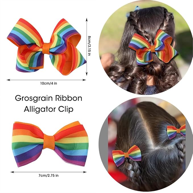 JIAHANG Baby Girls Grosgrain Ribbon 4 Inch Hair Bow Headband and Alligator Clips Set, Rainbow Color Hair Bow Accessories for Children Toddler School Girls 4Pcs Gift Set(Rainbow1)