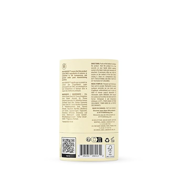 ATTITUDE Plastic-Free Massage Oil Bar for Baby, EWG Verified, Dermatologically Tested, Made with Naturally Derived Ingredients, Vegan, Sweet Almond, 1 Ounce