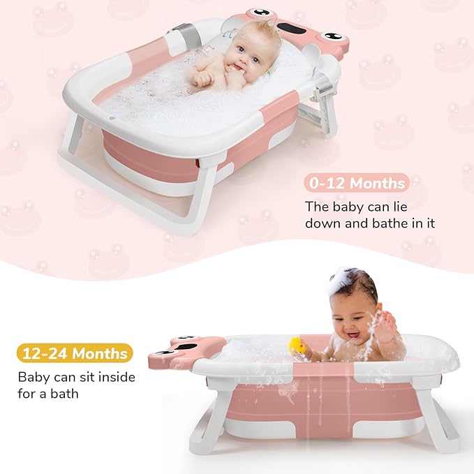 DEANIC Collapsible Baby Bathtub with Baby Washcloth, Portable Infant Bathtub with Soft Baby Bath Support Cushion for 0-3-6-12 Month Newborns, Foldable Baby Bath Tub for Indoor, Travel (Pink)