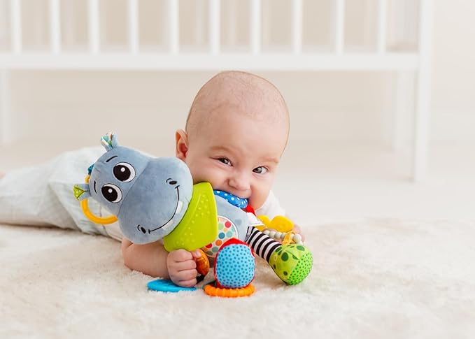 Balibazoo Hippo Hanging Baby Activity Toy – Soft Plush Sensory Toy with 4 BPA-Free Silicone Teethers, Crinkle Ears & Hidden Bell | Clip for Stroller and Car Seat | Developmental Toy 0-24M | Gift
