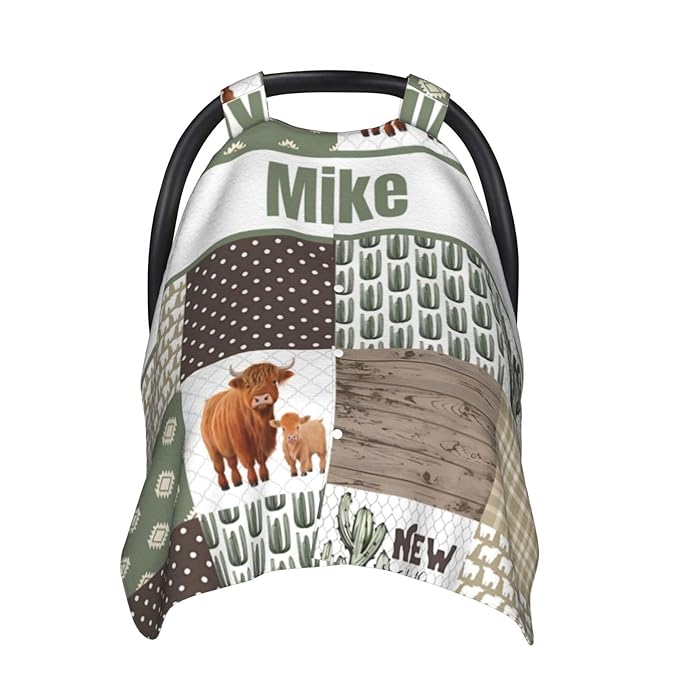 Custom Baby Car Seat Canopy with Name, Personalized High Land Cow Baby Car Seats Covers for Baby Boy, Opening Minky Nursing Breastfeeding Cover for Infant, Carseat Canopies for Newborn