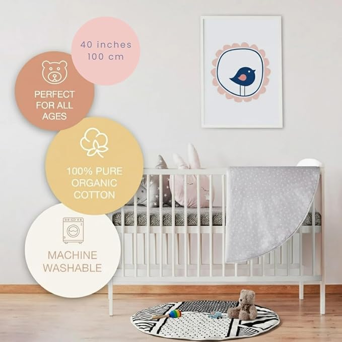 Byrd & Blume Round Baby Play Mat, Reversible Quilted Organic Cotton, Soft Circle Nursery Rug, Non Toxic, Foldable Portable, 40 Inch, Gray Stars/Solid Gray