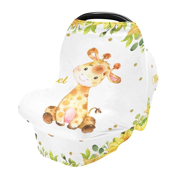 Personalized Baby Car Seat Covers with Name, Custom Nursing Cover Breastfeeding for Babies, Carseat Canopy for Girls and Boys, Infant Stroller Cover, Breathable Carseats Cover (Giraffe Sunflower)