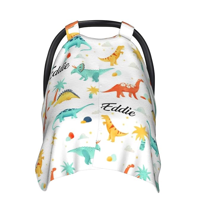 Personalized Dinosaur Theme Baby Infant Car Seats Canopy for Babies with Name, Custom Lightweight Covers for Baby Boys Girls, Minky Nursing Breastfeeding Stroller Cover Canopies for Newborn