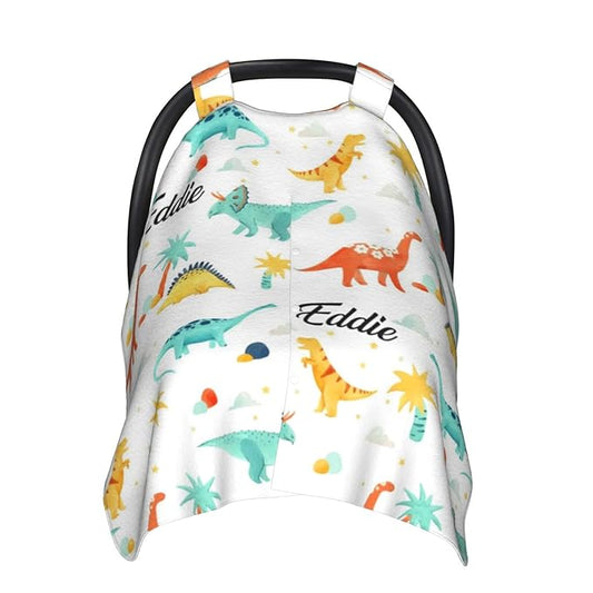 Personalized Dinosaur Theme Baby Infant Car Seats Canopy for Babies with Name, Custom Lightweight Covers for Baby Boys Girls, Minky Nursing Breastfeeding Stroller Cover Canopies for Newborn