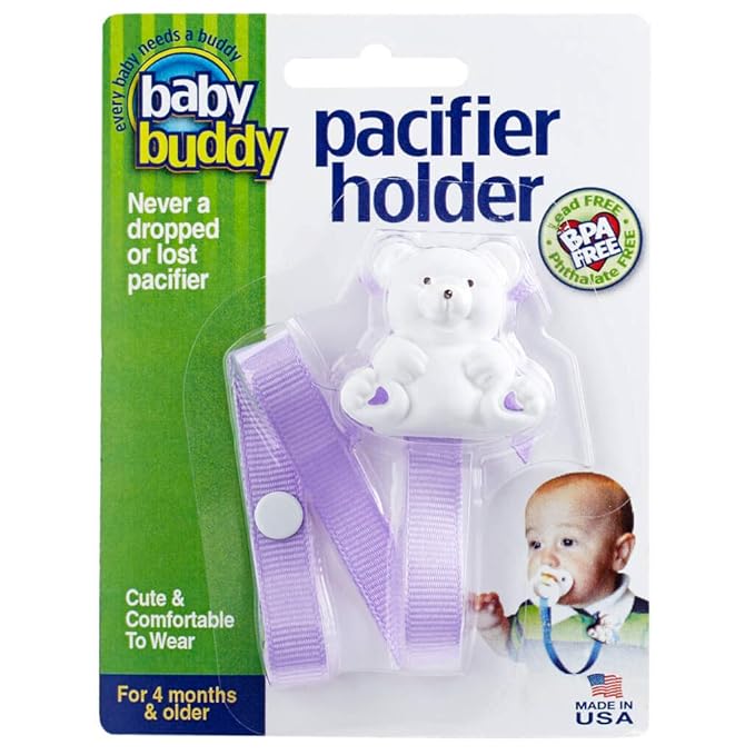 Baby Buddy Pacifier Clip Holder, Newborn Essential with Universal Fit for All Binky and Teether Brands, Ages 4+ Months, Lilac, 1 Pack