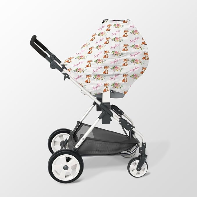 Personalized Baby Car Seat Cover Stroller Canopy: Custom Name Newborn Baby Girl Elastic Fox Nursing Cover for Moms First Birthday Gift Pink Flowers(one Size)