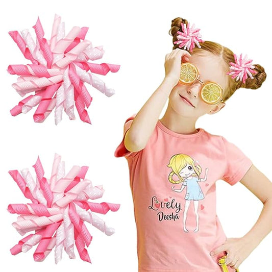 Yxiang 2PCS Pink Korker Bows for Girls 3'' Curly Bow Hair Clip Ribbon Ponytail Bows Alligator Clip Hair Barrette for Girls Toddlers Kids (Pink)
