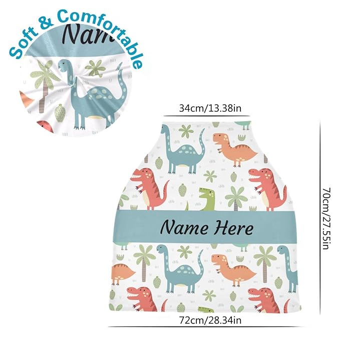 Customized Cartoon Dinosaur Baby Car Seat Covers for Boys, Personalized Carseat Canopy with Name, Nursing Breastfeeding Scarf for Babies, Gift for Infant Newborn, Multiuse Stroller Cover