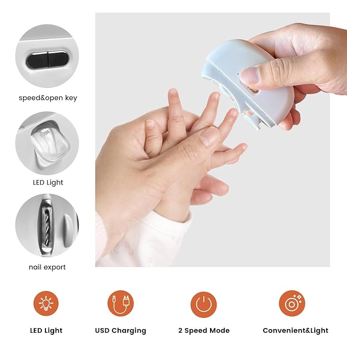 2 in 1 Electric Nail Clipper Automatic with Light,Baby Nail Clippers Nail Polisher 2 Speeds USB Rechargeable Nail Trimmer Electric for Babies Kids Adults