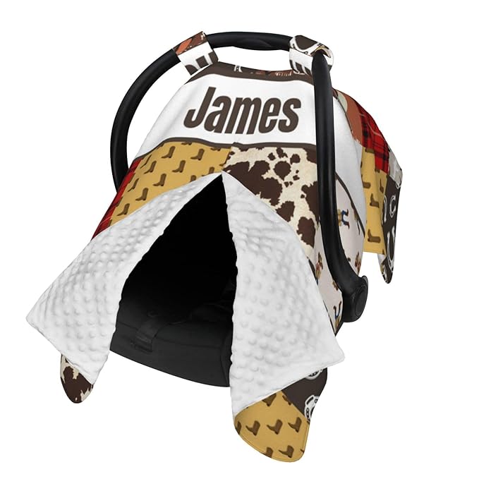 Personalized Baby Car Seat Canopy for Babies with Name, Custom Cowboy Western Car Seat Covers for Boys, Opening Minky Nursing Breastfeeding Stroller Cover Carseat Canopies for Infant Newborn