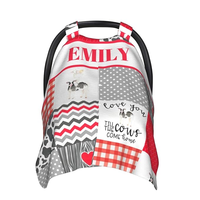 Personalized Baby Car Seat Canopy for Boys Girls, Custom Name Baby Car Seats Covers for Babies, Opening Minky Nursing Breastfeeding Stroller Cover Infant Carseat Canopies for Newborn (Farm Cow Red)