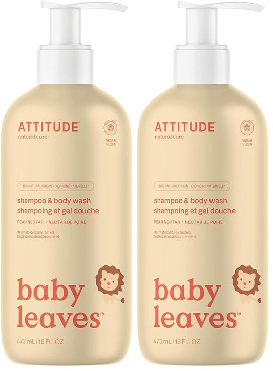 ATTITUDE 2-in-1 Shampoo and Body Wash for Baby, EWG Verified, Dermatologically Tested, Vegan, Pear Nectar, 16 Fl Oz, (Pack of 2)