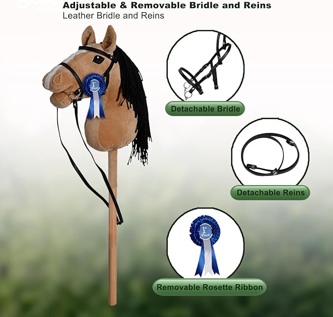 ROCK MY BABY Hobby Horse with a Detachable Bridle Plush Stuffed Stick Horse with Award Ribbon for Kids 3+ Years Old (Light Brown)