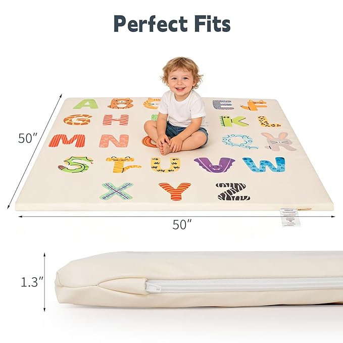 1.3" Thick Baby Play Mat for Floor，50x50 PU Leather Playpen Mat for Toddlers Infant Kids,Ultra Soft Support Cushioned & Waterproof Playmat for Baby Girls and Boys Play on Floor/Alphabet Pattern