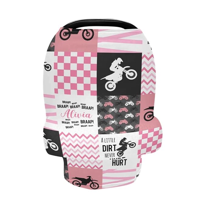 Personalized Baby Car Seat Cover for Boys Girls, Custom Nursing Covers for Breastfeeding with Name, Infant Stroller Cover, Baby Carseat Canopy for Newborn, Multiuse Car Seat Canopies, Dirt Bike Pink