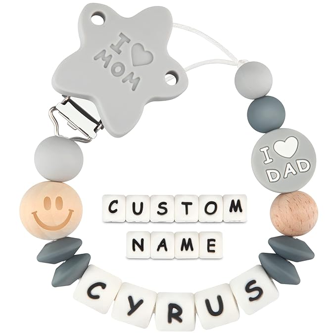Personalized Pacifier Clip with Name Mom Dad for Baby Boys Girls Customized(Grey)