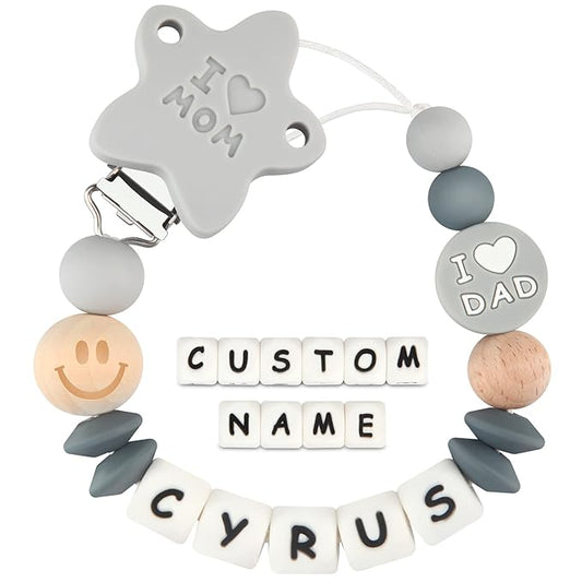 Personalized Pacifier Clip with Name Mom Dad for Baby Boys Girls Customized(Grey)