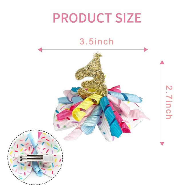 Birthday Hair Clips for Baby Girls - 2Pc Curly Ribbon with Gold Number Bow Hair Clips for 3rd Birthday Baby Bow Party Decorations for Girls Toddlers Hair Accessories (Gold Number- 3 Years)