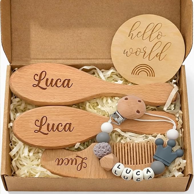 Personalized Wooden Baby Hair Brush and Comb Bristles,Personalized Pacifier Clip with Name Newborn Baby Gift Set