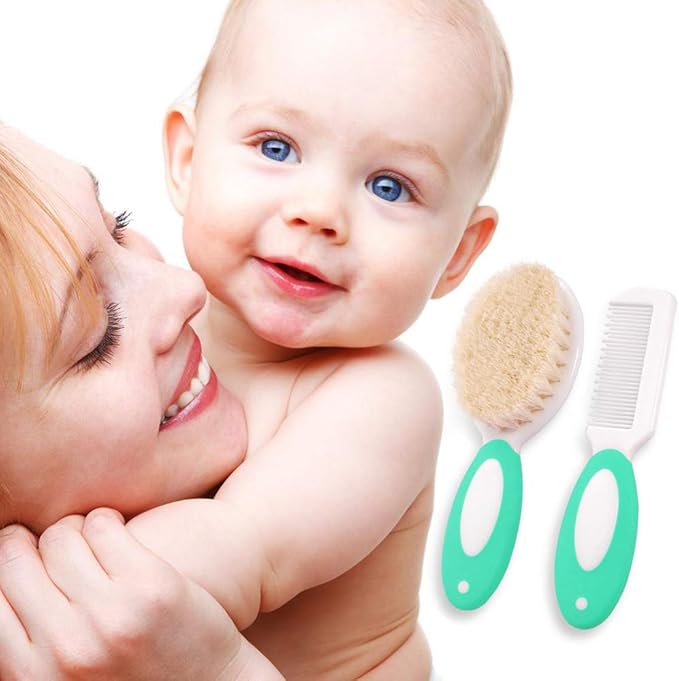 Baby Hair Brush and Comb Set for Newborns & Toddlers | Natural Soft Goat Bristles | Ideal for Cradle Cap | Perfect Baby Registry Gift (Green)
