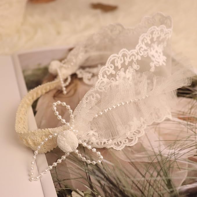 Baby Girls Headband Lacy Bow Pearl Wide Hair Band Turban for Infants Newborn Toddler Floral Ivory Elastic Head Wrap Breathable Sun Bonnet Hair Accessories (White A)