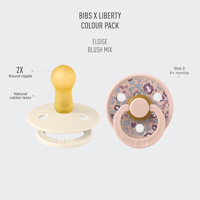 BiBS Liberty Pacifier 2-Pack, BPA Free Pacfiers with Natural Latex Round Nipple, Made in Scandinavia, Size 2 (6-18 Months), Eloise Blush