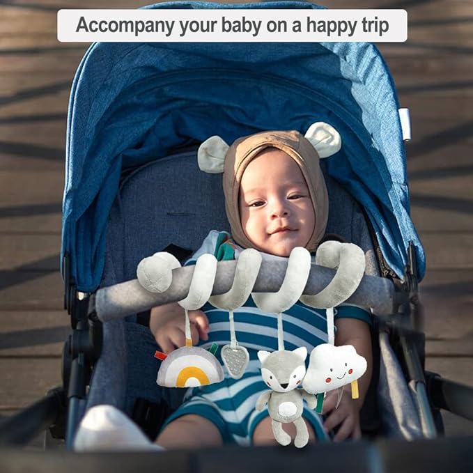 Baby Car Seat Toys, Infant Activity Spiral Plush Hanging Stroller Toys with Squeaker and teether for Car Seat Stroller Crib Bassinet (Grey Fox)