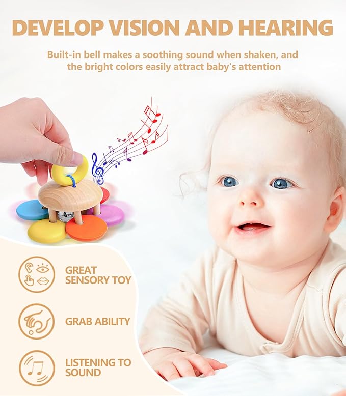 4 PCS Wooden Baby Rattle, Organic Colorful Baby Rattles Set, Wood Rattles for Babies 0-6-12 Months, Wooden Teether Crochet Rattle Toy for Infant Newborn,Montessori Toys for Babies 0-6 Months