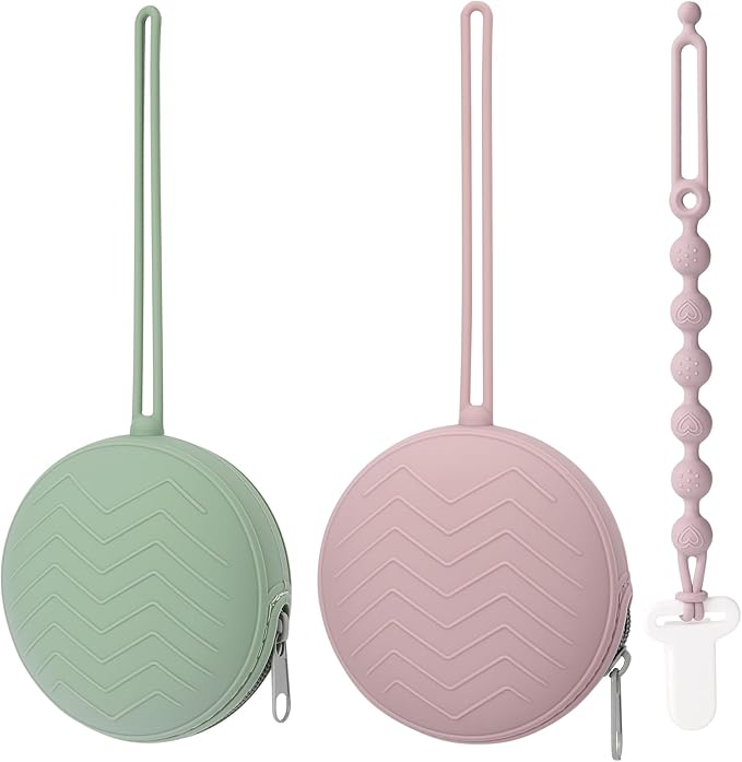 2 Pack Silicone Pacifier Holder Case with Premium Zipper & 1 Pacifier Clip - Leakproof Baby Pacifier Storage Case for Diaper Bags, Strollers, Travel, BPA Free (Sage/Dusty Lilac)