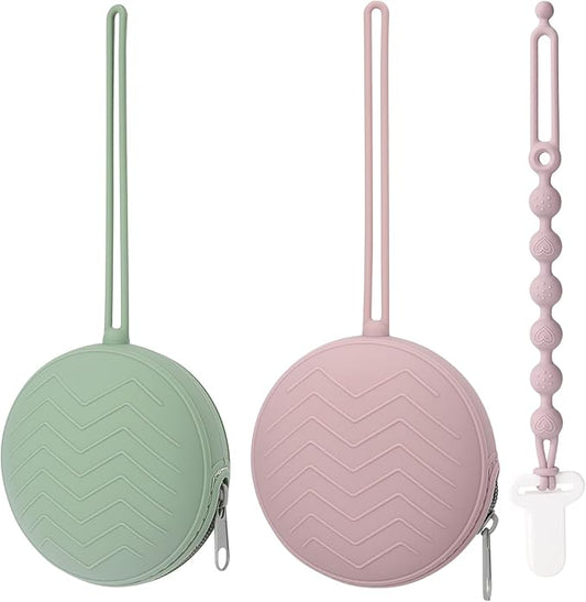 2 Pack Silicone Pacifier Holder Case with Premium Zipper & 1 Pacifier Clip - Leakproof Baby Pacifier Storage Case for Diaper Bags, Strollers, Travel, BPA Free (Sage/Dusty Lilac)