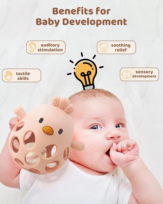 ChooKaChoo 2-in-1 Baby Teething Rattle Toy, Sensory Grasping Teether for Infants 3-12 Months, 100% Food-Grade Silicone, Easy to Hold, Soothing & Developmental, BPA Free