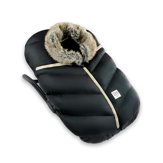 7AM Enfant Car Seat Covers - Cocoon Baby Cover for Boys & Girls, Rain & Snow Repellent, Breathable Windproof, Center Zipper, Universal Fit for Infant Car Seat (0-12M) (Black Faux Fur)