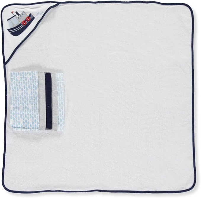 Luvable Friends Unisex Baby Hooded Towel with Five Washcloths, Tugboat, One Size (Pack of 2)
