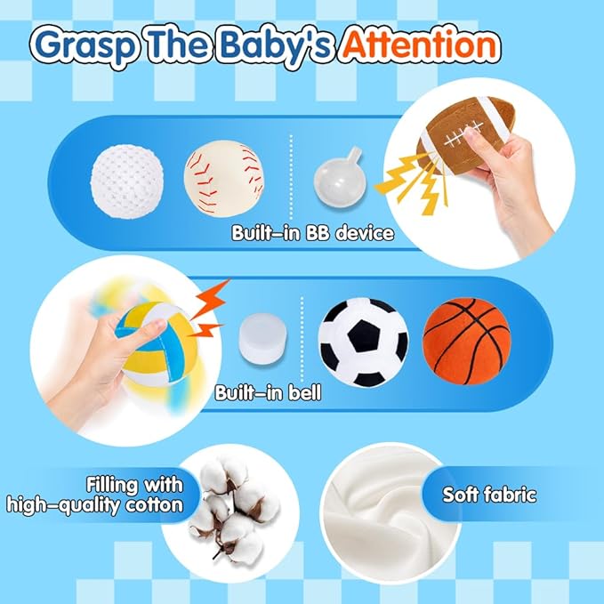 teytoy My First Sports Bag for Baby,Stuffed Plush Playset with Soft Basketball,Baseball,Football,Soccer,Golf Ball,Volleyball Baby Birthday Gift Toys for 1 Year Old Boys Girls