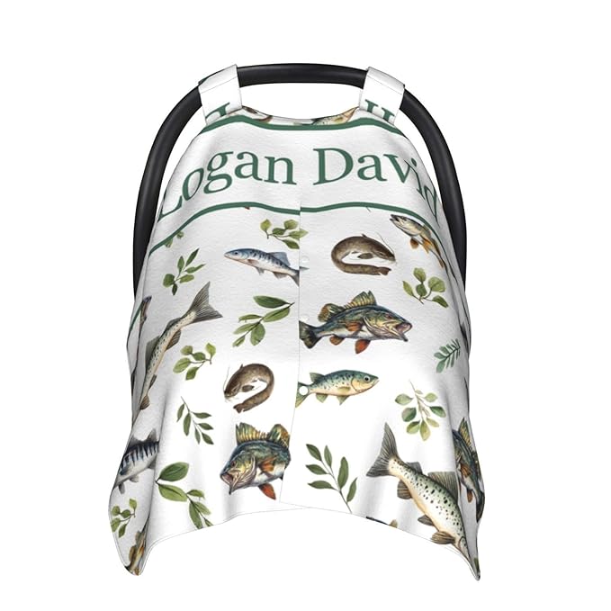 Custom Name Fishing Baby Car Seat Canopy – Personalized Opening Minky Nursing Cover, Infant Carseat & Stroller Cover for Newborn Baby Boys Girls Shower Gift
