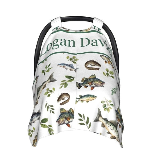 Custom Name Fishing Baby Car Seat Canopy – Personalized Opening Minky Nursing Cover, Infant Carseat & Stroller Cover for Newborn Baby Boys Girls Shower Gift