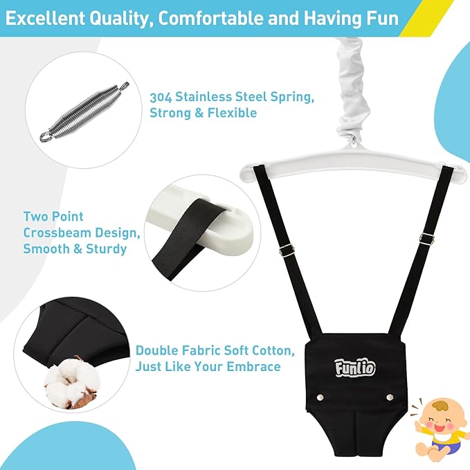 FUNLIO Baby Jumper with a Ceiling Hook for 6-24 Months, Infant Jumper Doorway with Adjustable Chain, Baby Door Jumper for Indoor/Outdoor Play, Easy to Assemble & Store (with a Ceiling Hook) - Black