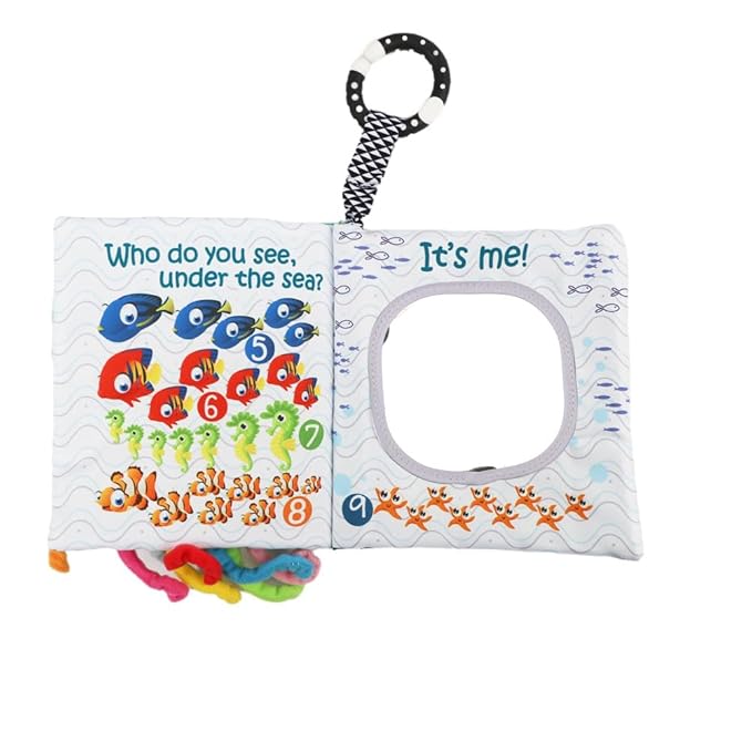 Fish Baby Books, Crinkle Books for Babies,Touch Feel,Infant Baby Toys 0-3 0-6 6-12 Months, Sensory Mirror Toys,Soft Teether,Teething,Shower Baby Easter Basket Stuffers,Baby Gifts for Boys Girls-Blue