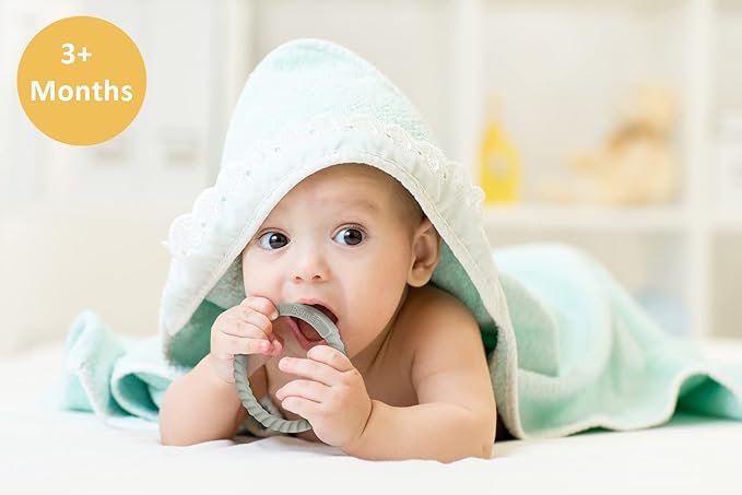 Socub Silicone Baby Teether Toy, 4 Pack BPA Free Soft Silicone Teether Bracelets for 3+Month Babies, Wearable as Bracelets, Baby Chew Toy (Sand/Light Grey/Dusty Lilac/Power Rose)
