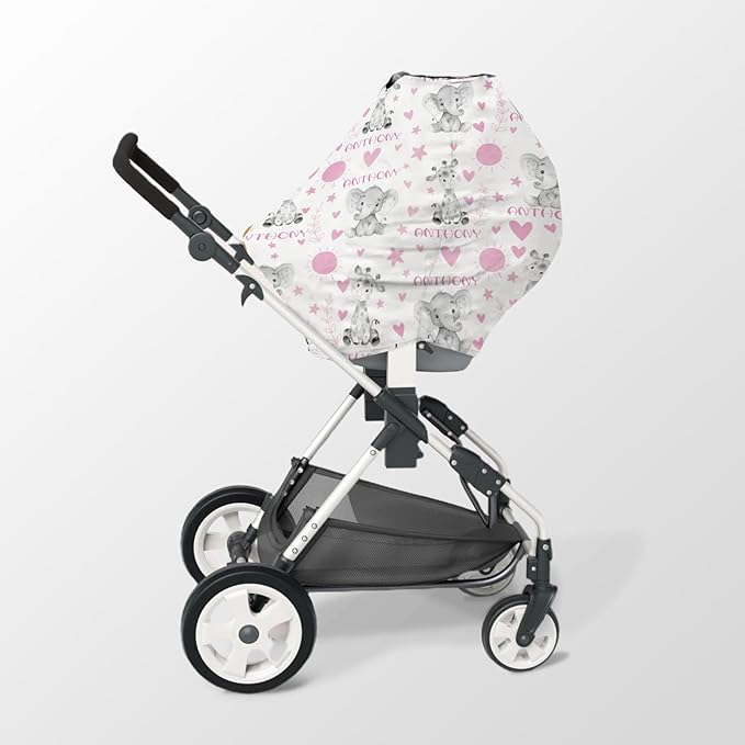Personalized Baby Car Seat Cover Stroller Canopy: Custom Name Newborn Baby Boy Girl Elastic Animals Nursing Cover for Moms First Birthday Gift Elephant(one Size)