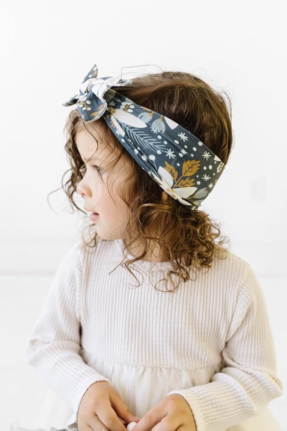 Baby Bling Bows - Newborn to Little Baby Girl Bows, 2PK PRINT SOLID KNOTS Nylon Super Soft Stretchy Toddler Headbands, Perfect Hair Accessories Head Bands for Infant Kids (Winter Garden & Oak)