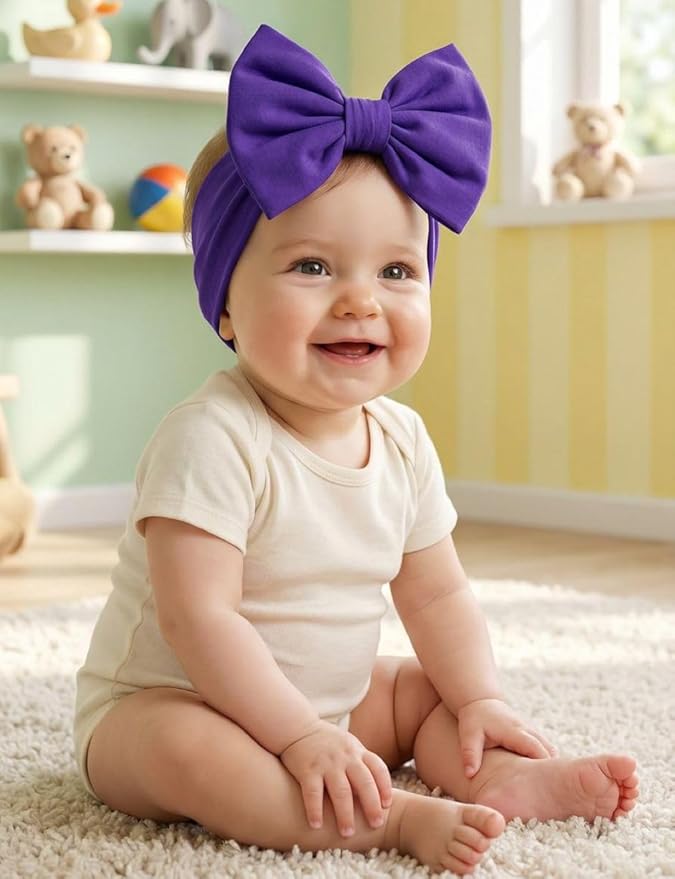 Newborn Baby Girl Headband 0–6 Months – Soft Cotton Big Bow Headband for Infants, Stretchy Baby Hair Band, 4.3" (11 cm) Bow, 2.4" (6 cm) Band (Purple, 0-6 Month)