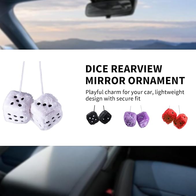 Fuzzy Dice Plush for Car Mirror 3Inch Cute Couple Square Dotted Hanging Ornaments,Adjustable Hand Braided Rope Suitable for Bedroom (BST0039-White)