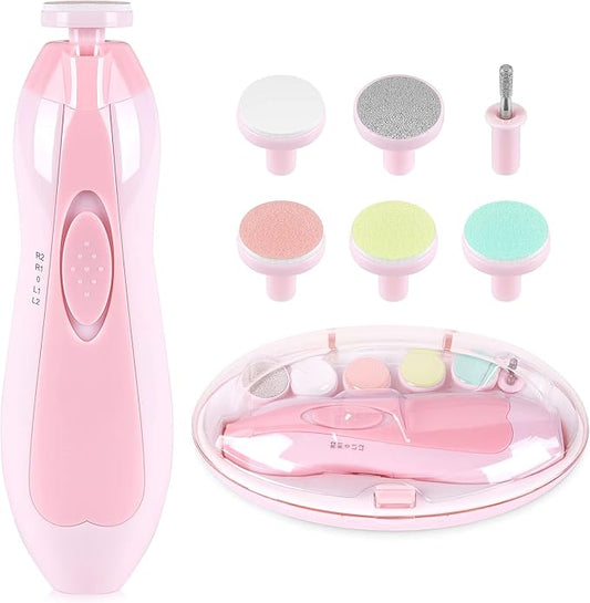 Baby Nail Clippers Baby Safe Electric Trimmer Nail File Kit for Newborn Infant Toddler Kids Toes and Fingernails - Care, Polish and Trim - 6 Grinding Heads and LED Light, Pink